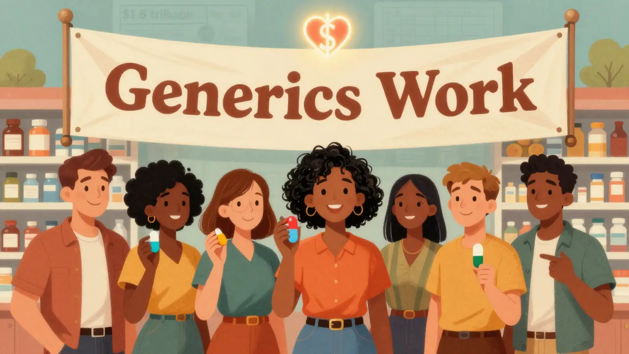 Diverse group holding different-colored pills under a banner that reads 'Generics Work', with a dollar sign turning into a heart above.