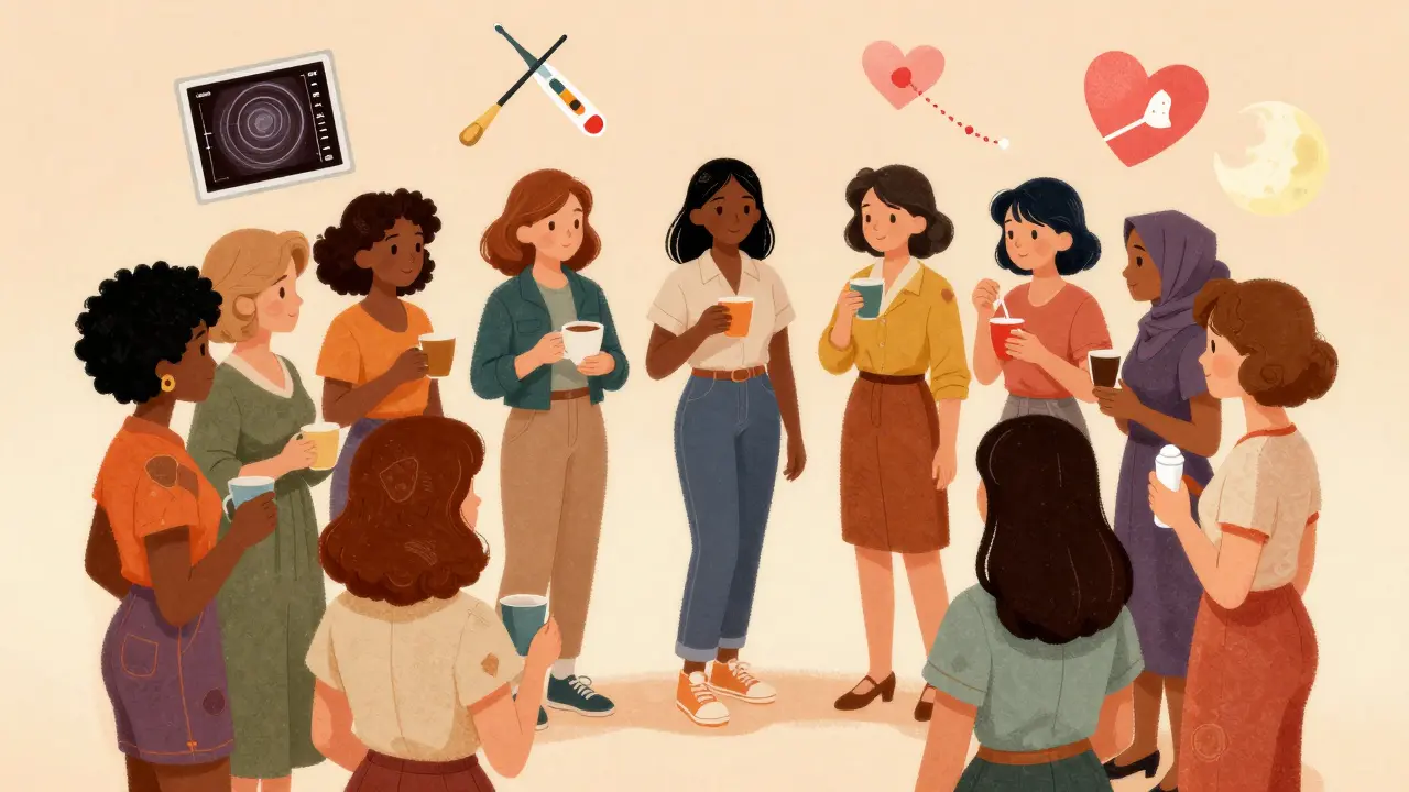 Diverse group of women supporting each other through menopause with icons representing health, therapy, and lifestyle choices.