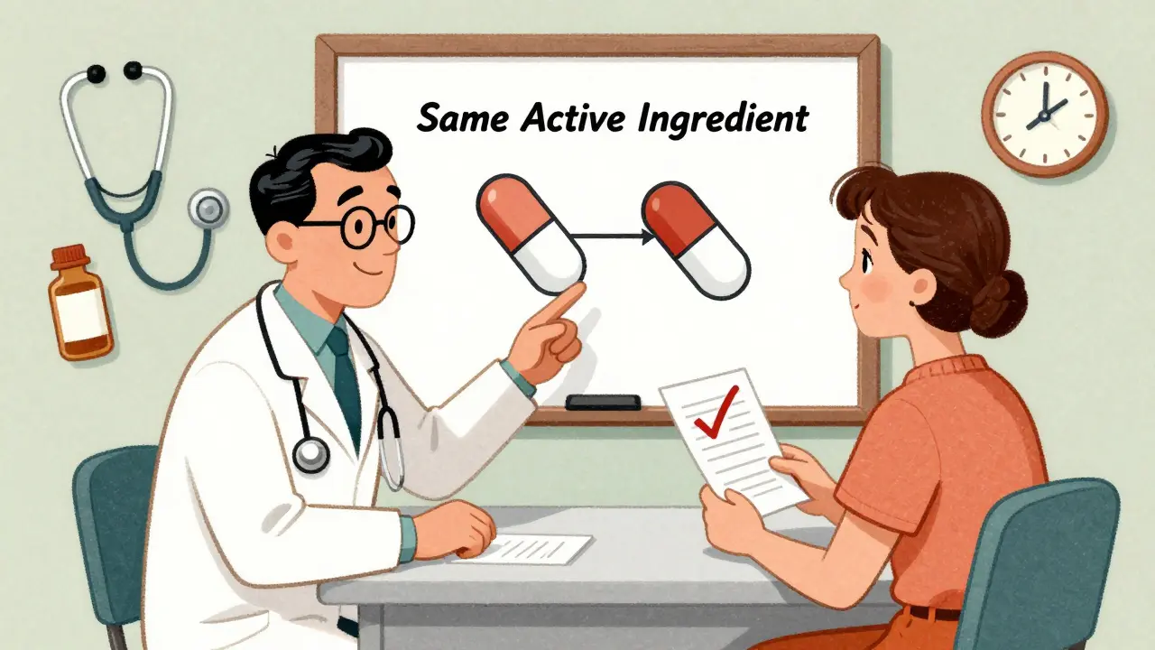 Doctor and patient discussing medication options at a clinic table with a whiteboard showing identical pills and FDA seals.