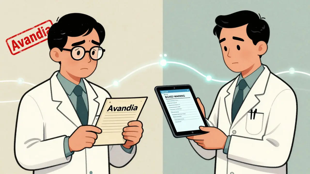 Doctor comparing past and present FDA drug warning labels across time.