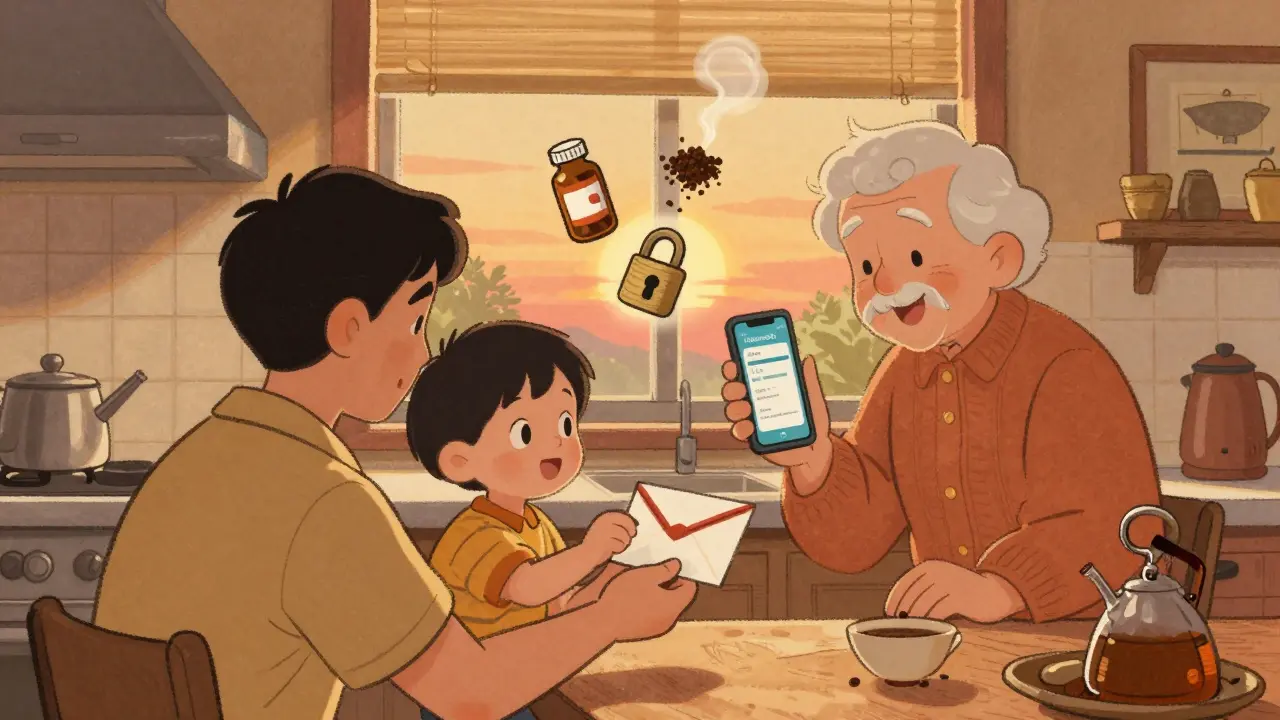 Family sealing mail-back envelope for medication disposal in cozy kitchen at sunset