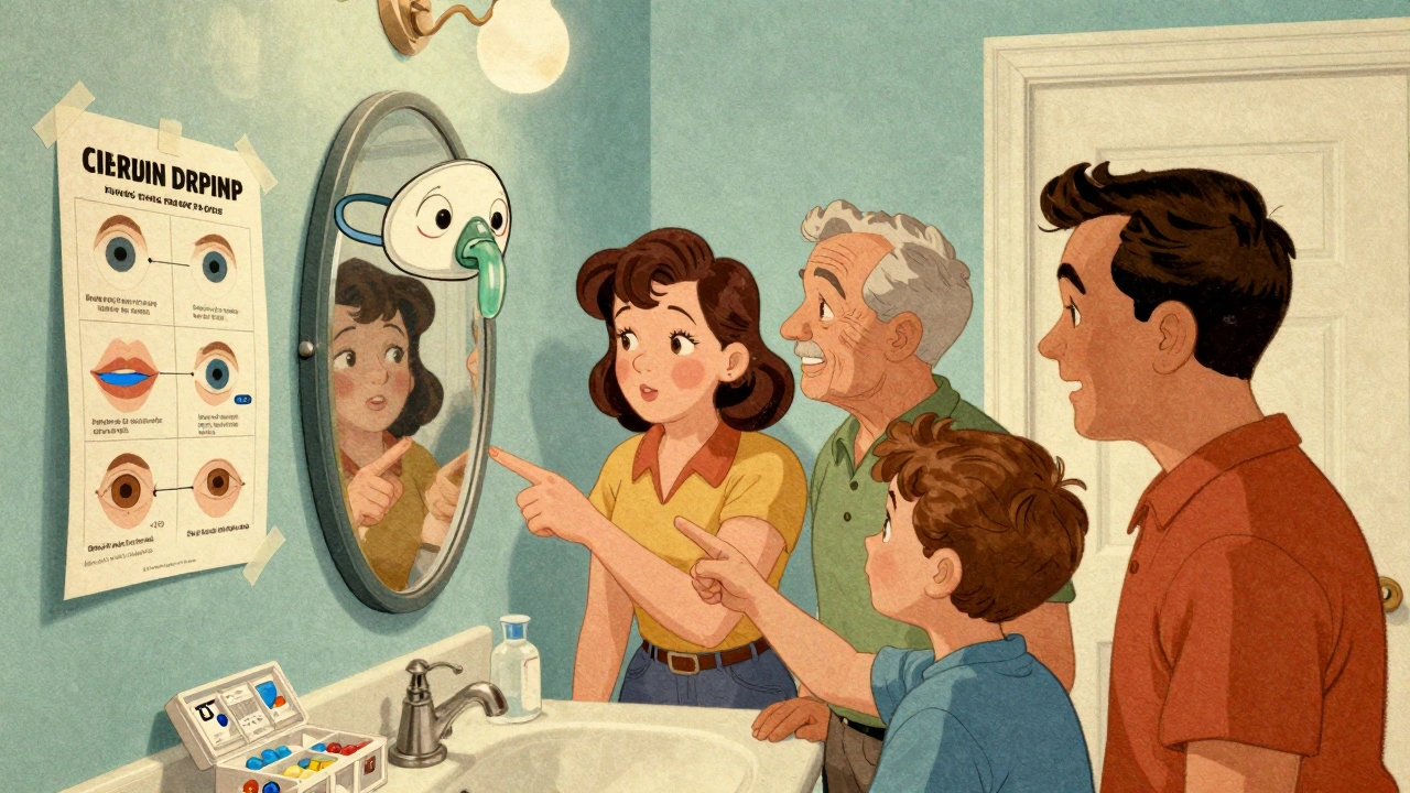 Family studying overdose symptoms on medication guide taped to bathroom mirror