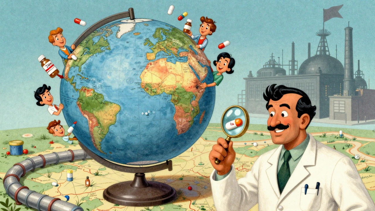 Globe made of pills flying from India to the world, with a technician holding a low-cost HIV drug.