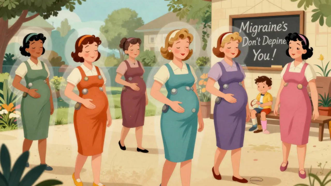 Group of pregnant and new mothers practicing biofeedback, acupuncture, and walking together in a calm community setting.