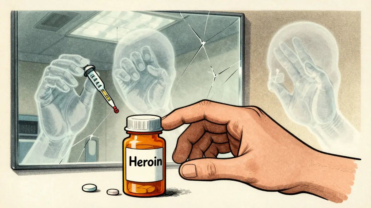 Hand reaching for drug after sobriety, haunted by past self and deadly fentanyl tablet.