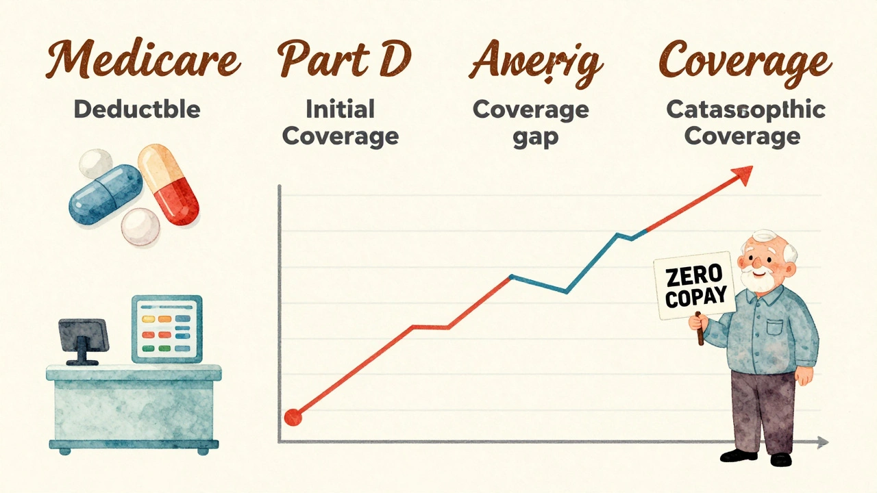 Illustrated calendar showing Medicare Part D coverage phases with pills and dollar signs leading to zero out-of-pocket costs.