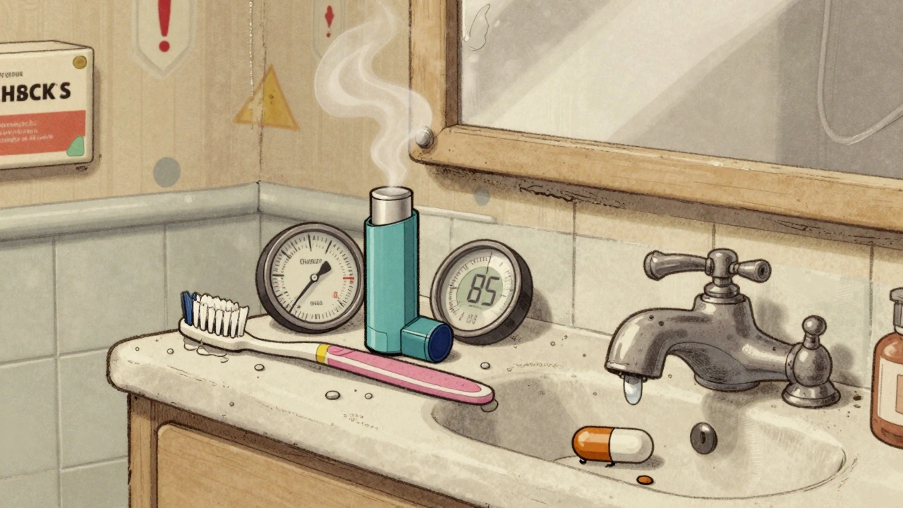 Inhaler stored in steamy bathroom cabinet with high humidity, cracked capsule nearby