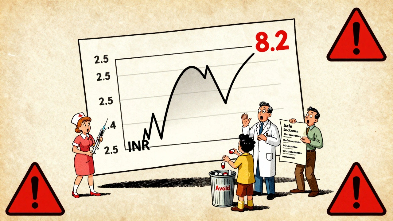 Medical chart showing INR spike from 2.5 to 8.2, with healthcare providers reacting and safe antibiotics being selected.
