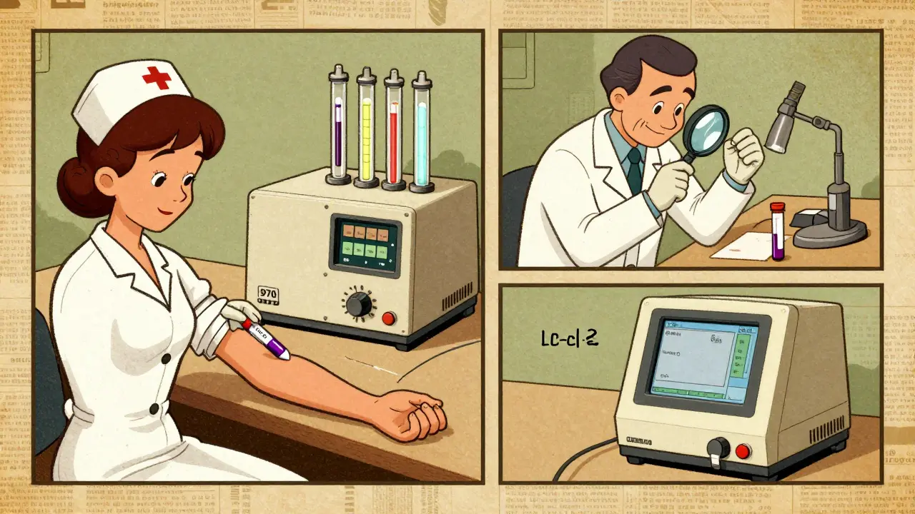 Nurse drawing blood with purple-top tube beside vintage LC-MS/MS machine, contrasting inaccurate and accurate test readings.