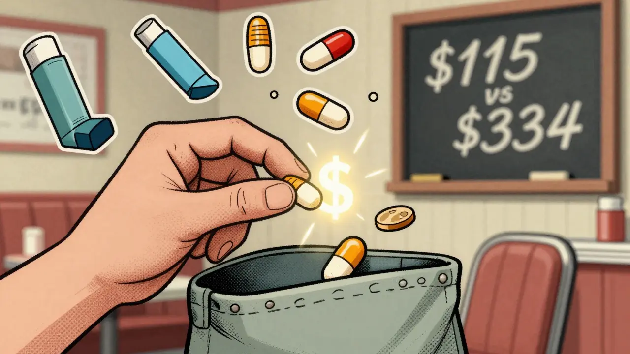 Patient dropping two separate pills as a single combination pill releases a dollar sign