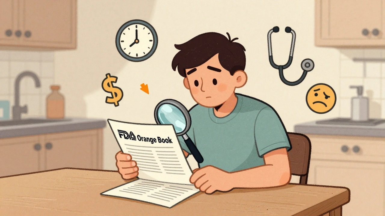 Patient studying drug patent info at kitchen table with floating symbols of cost, time, and health.