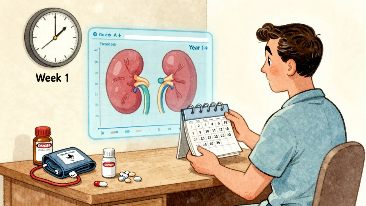 Patient with calendar and AI dosing graph, surrounded by medical warnings and timeline of transplant monitoring.