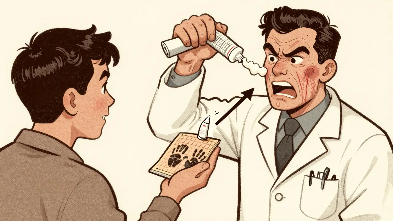 Pharmacist demonstrating the correct fingertip unit amount of steroid cream compared to excessive application on the face.