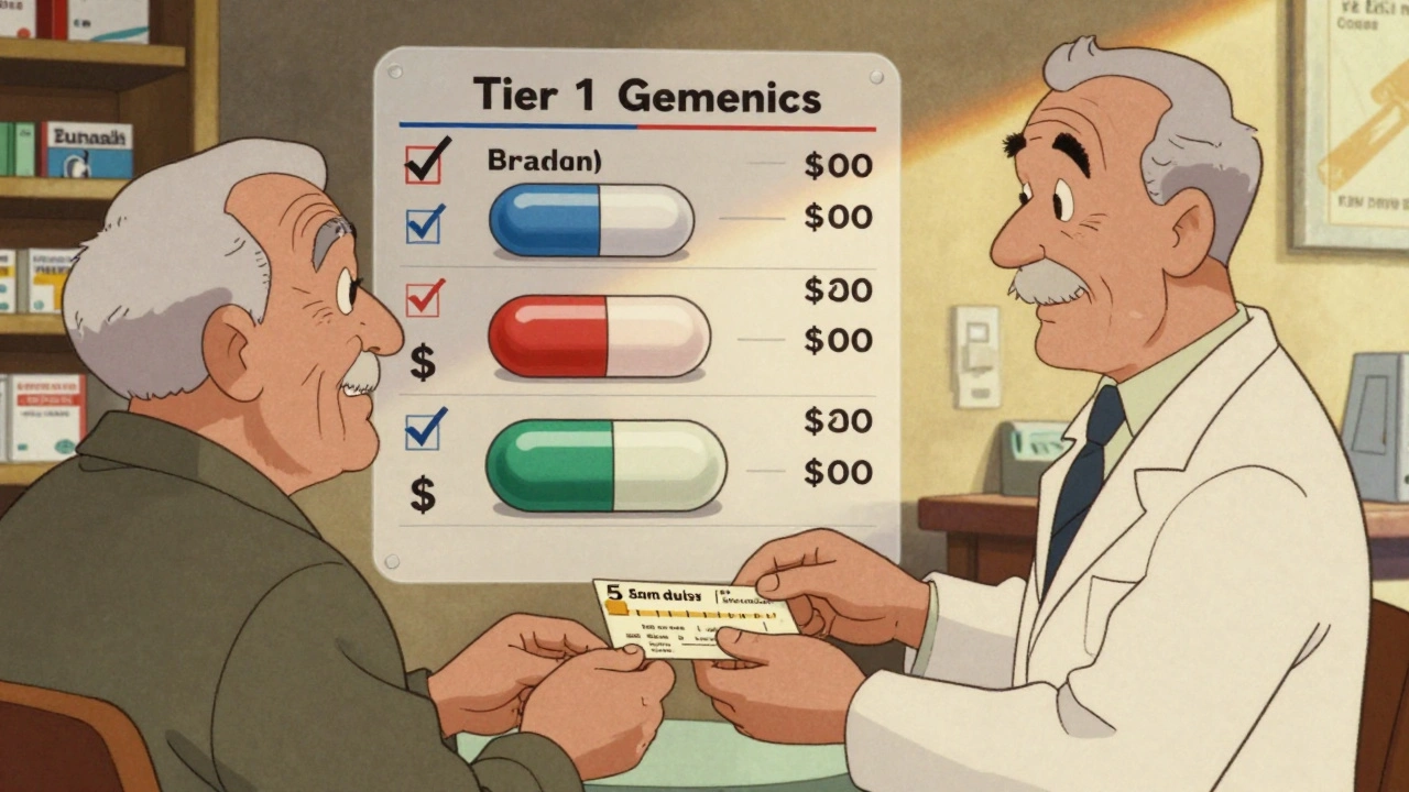 Pharmacist giving prescription to elderly patient with floating formulary tiers showing generic vs. brand-name costs.