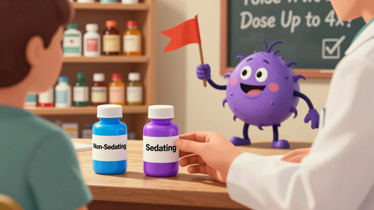 Pharmacist giving two types of antihistamine pills to a patient, with a cartoon mast cell in the background.