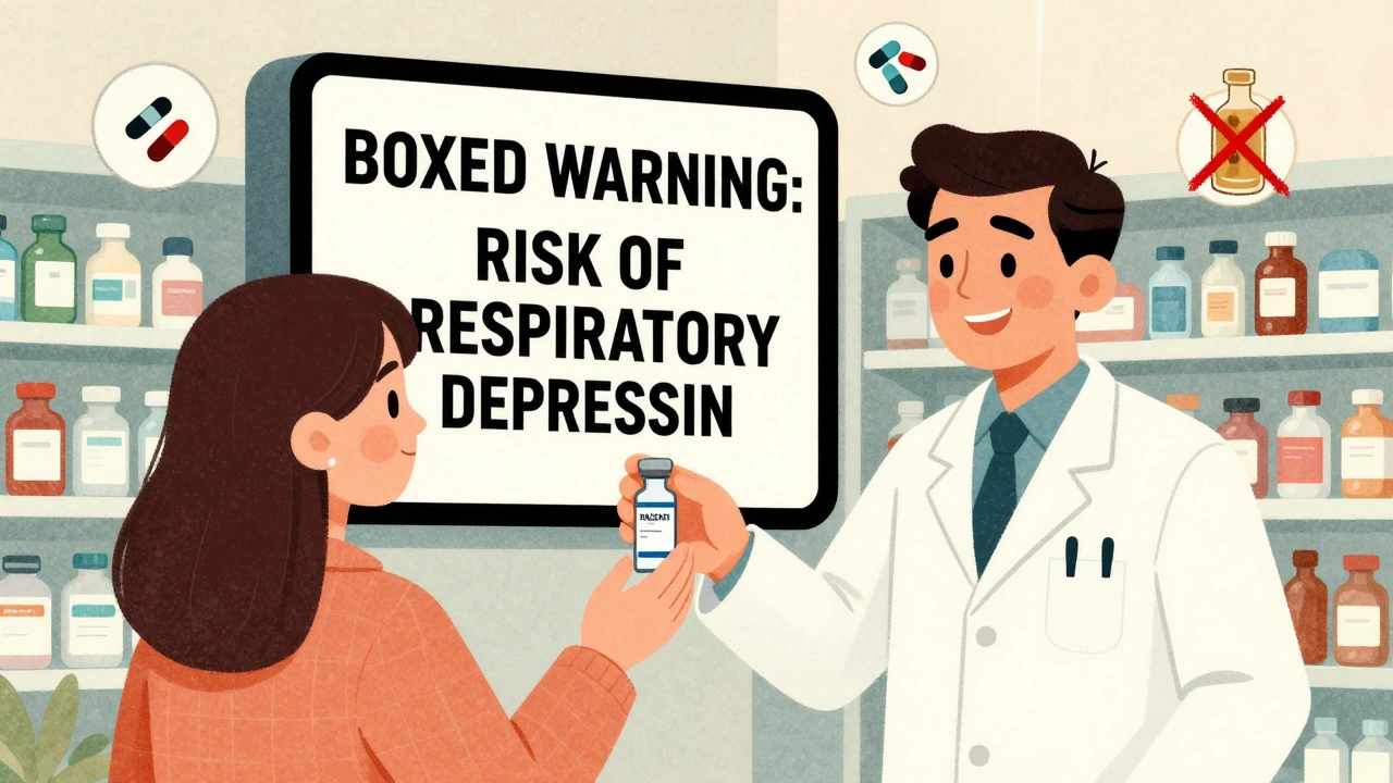 Pharmacist handing naloxone kit while boxed warning appears in background