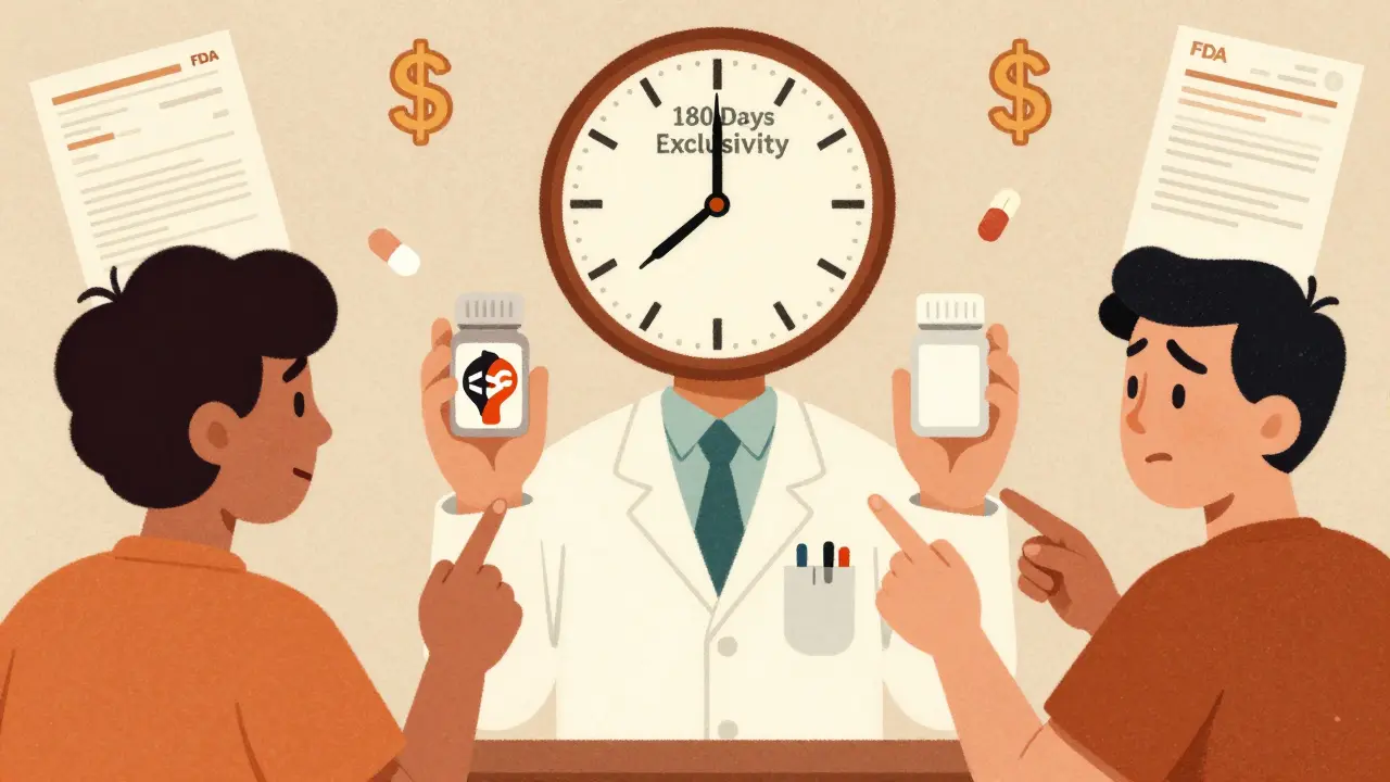 Pharmacist holds two identical pills—one branded, one generic—while a confused patient looks on, clock marking 180-day exclusivity above.
