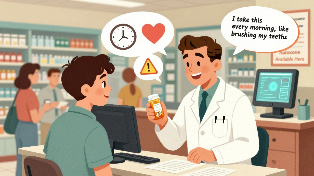 Pharmacist using teach-back method with a young patient, floating icons showing pill schedule, heart, and warning sign.