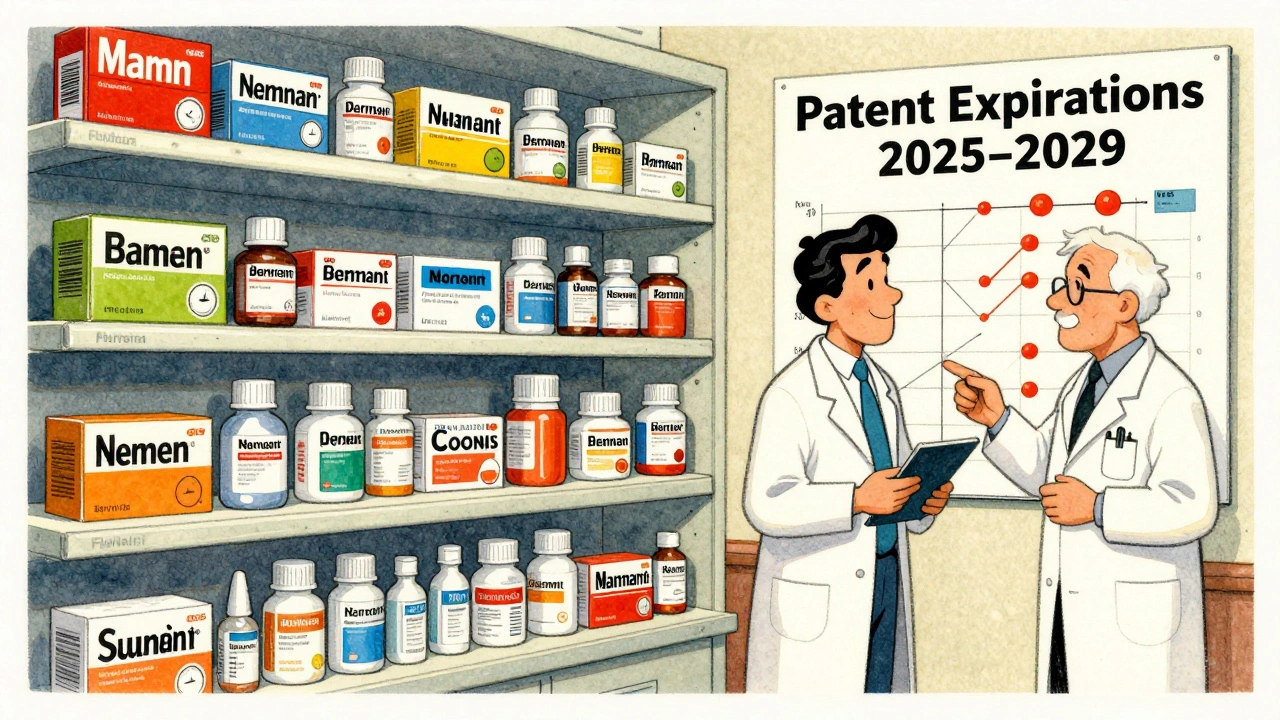 Pharmacy shelf transitioning from brand-name drugs to multiple generic versions, with staff reviewing expiration chart.