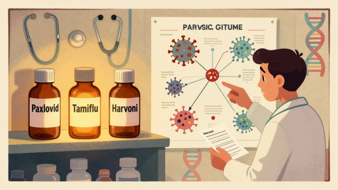 Pharmacy shelf with antiviral medications and a doctor explaining treatment using a vintage-style chart