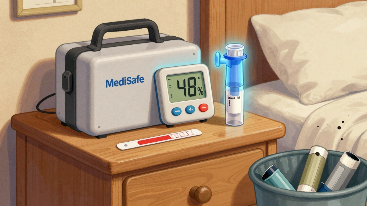 Properly stored inhaler and nebulizer ampule in insulated case with humidity monitor