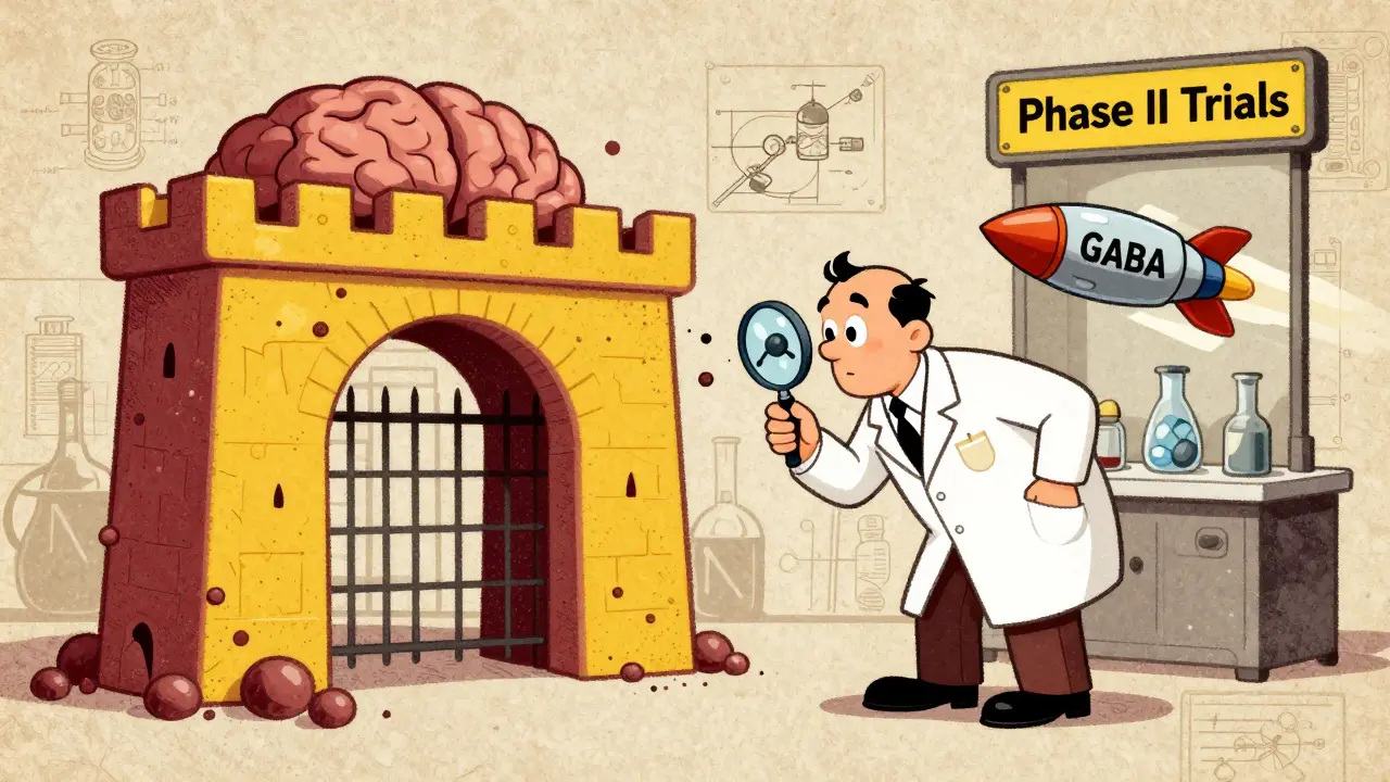 Scientist examines GABA molecule being filtered out by a castle-like blood-brain barrier.