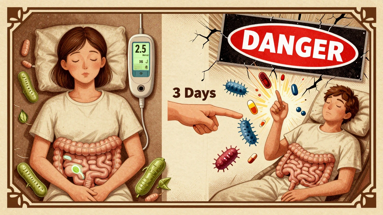 Split illustration: calm healthy body vs. chaotic INR spike after Bactrim, with gut bacteria vanishing and warfarin exploding.