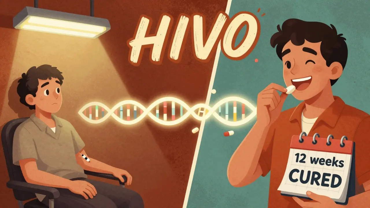 Split illustration comparing old HIV treatment with modern cure using oral antivirals