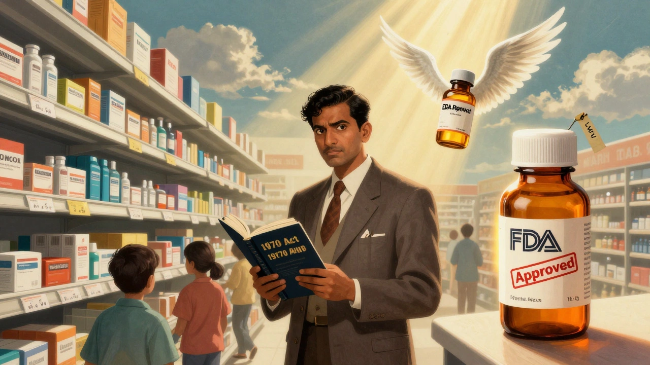 Split scene: expensive U.S. drugs vs. affordable Indian generics, with a scientist holding a patent book.