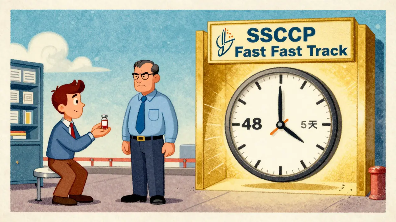 Split scene showing a small business struggling with FDA clearance while a corporate shipment zips through a fast-track portal.