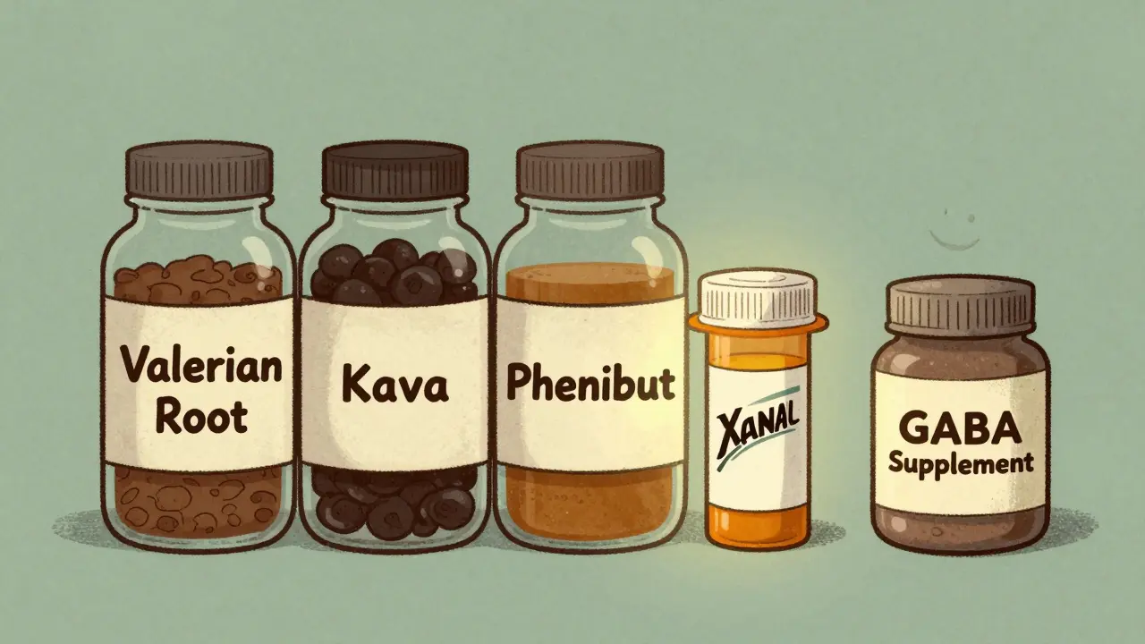 Three herbal supplements glow beside a sedative pill, while GABA sits quietly in the corner.