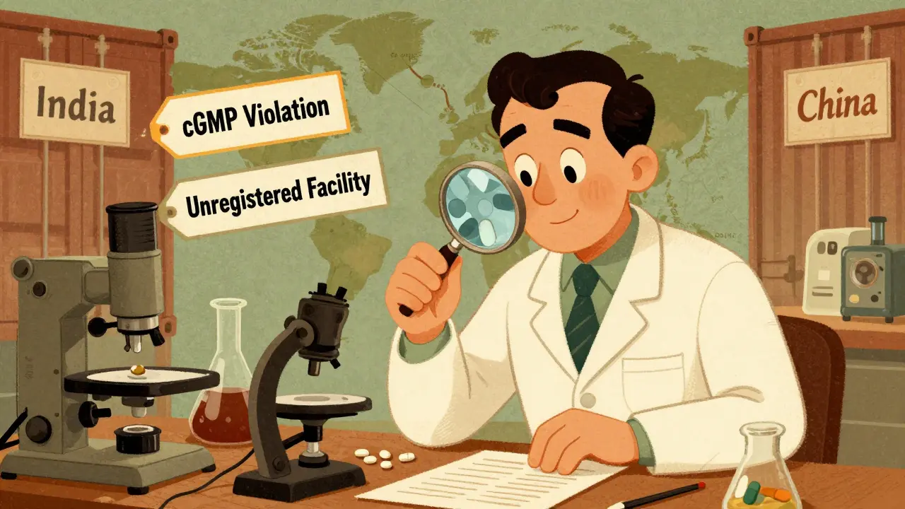 Vintage lab scene with an inspector examining pills under a magnifying glass, surrounded by warning labels and global supply maps.