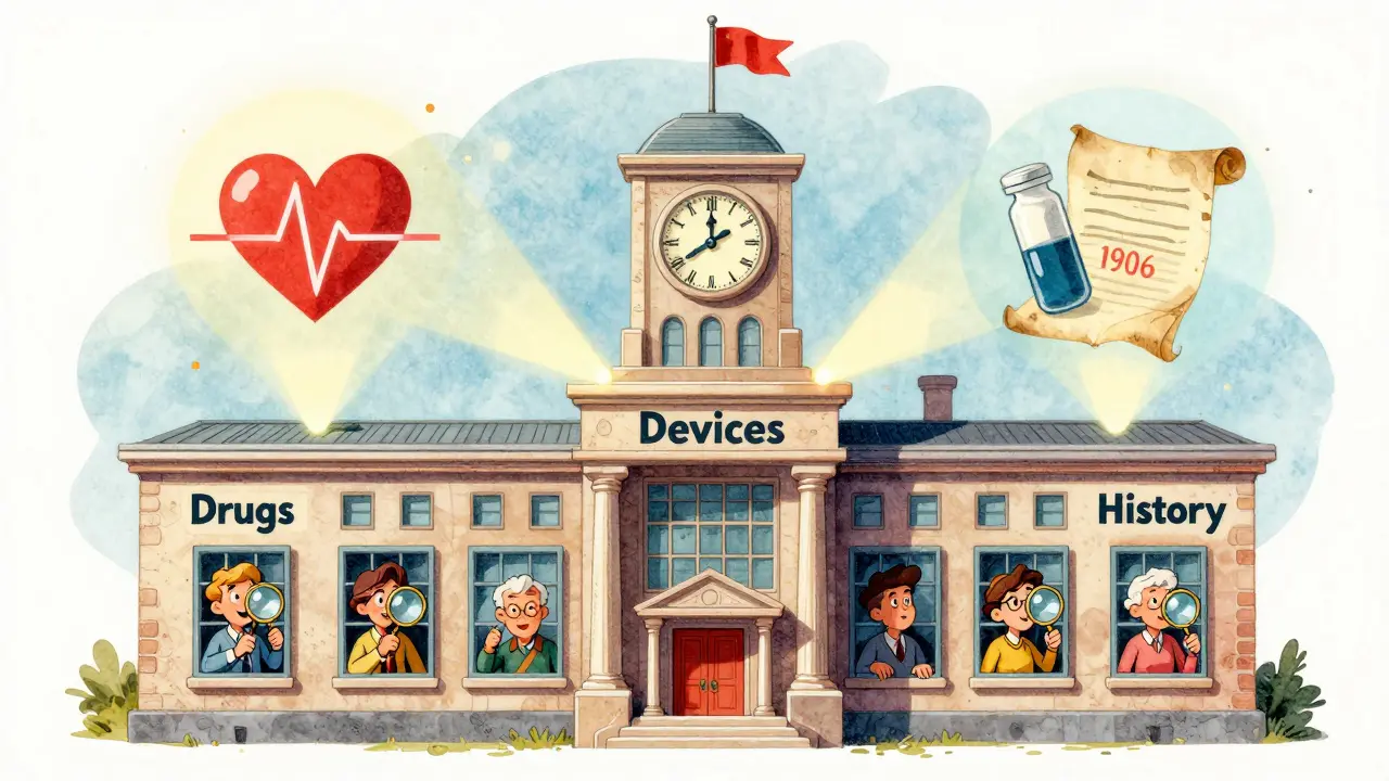 Whimsical FDA archive building with three wings representing drug, device, and historical safety records.