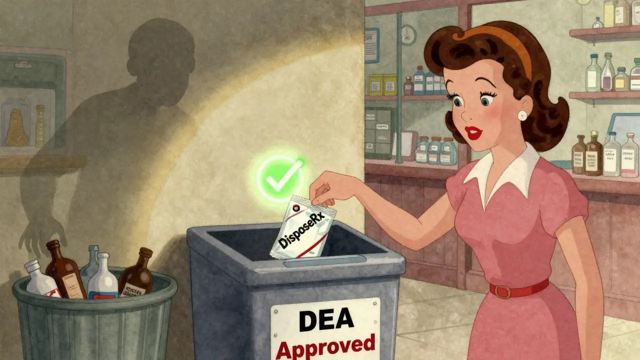 Woman depositing sealed pouch into secure pharmacy take-back bin with glowing approval