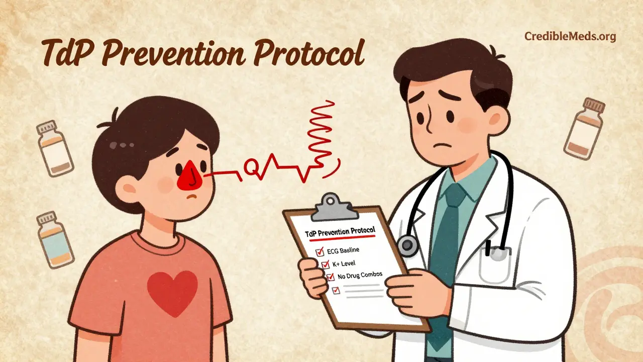 A doctor checking a prevention checklist while a patient's heart displays a warning spiral, in retro medical cartoon style.