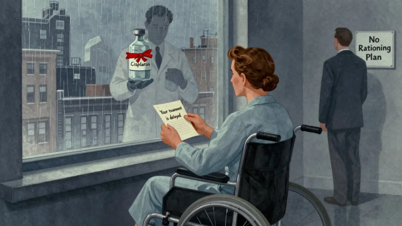 A patient in a wheelchair looks out a rainy window while a shadowy figure holds vials labeled 'Cisplatin' and ignores a 'No Plan' sign.