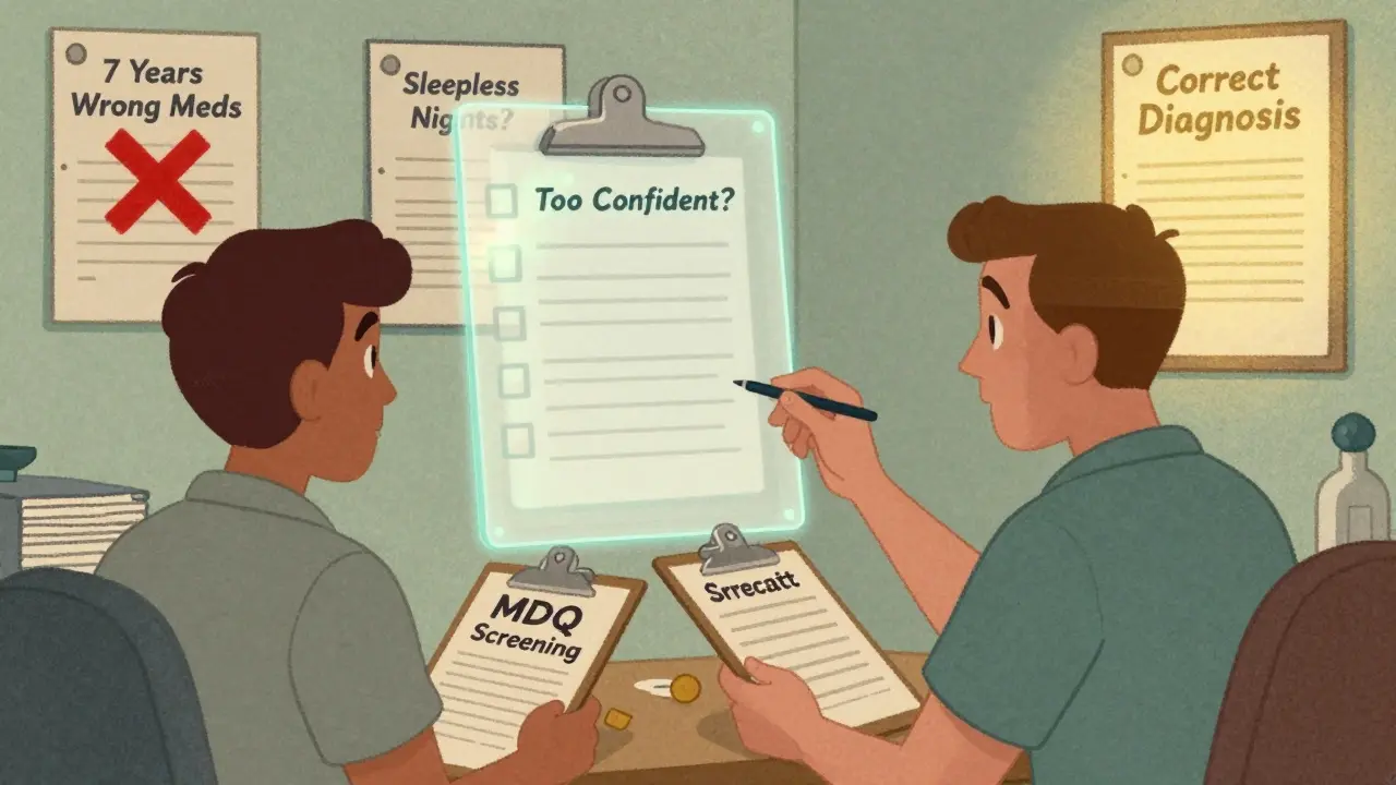 A psychiatrist's office with a floating screening checklist and patient files marked by correct and incorrect diagnoses.