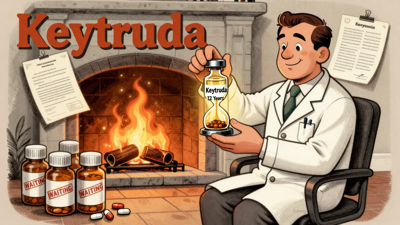 A scientist places a biologic vial into a 12-year hourglass as patents burn in the background.