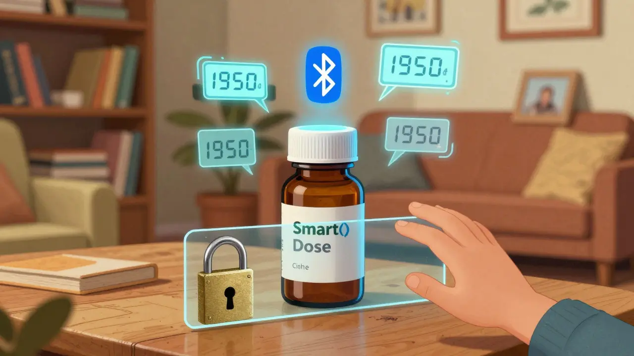 A smart medicine cap glowing with digital alerts above a bottle as a child's hand reaches toward it.