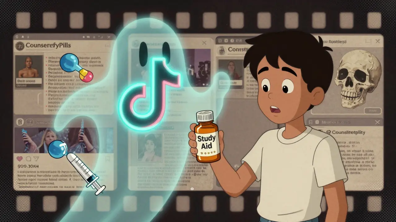 A teen holds a pill bottle under a TikTok logo, with fentanyl molecules and skulls floating above in retro illustration style.