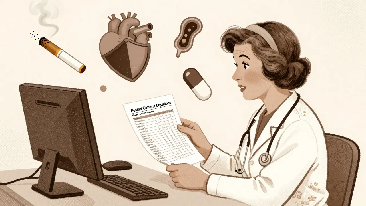 A woman and doctor reviewing a heart risk calculator, with symbolic health icons floating around them.