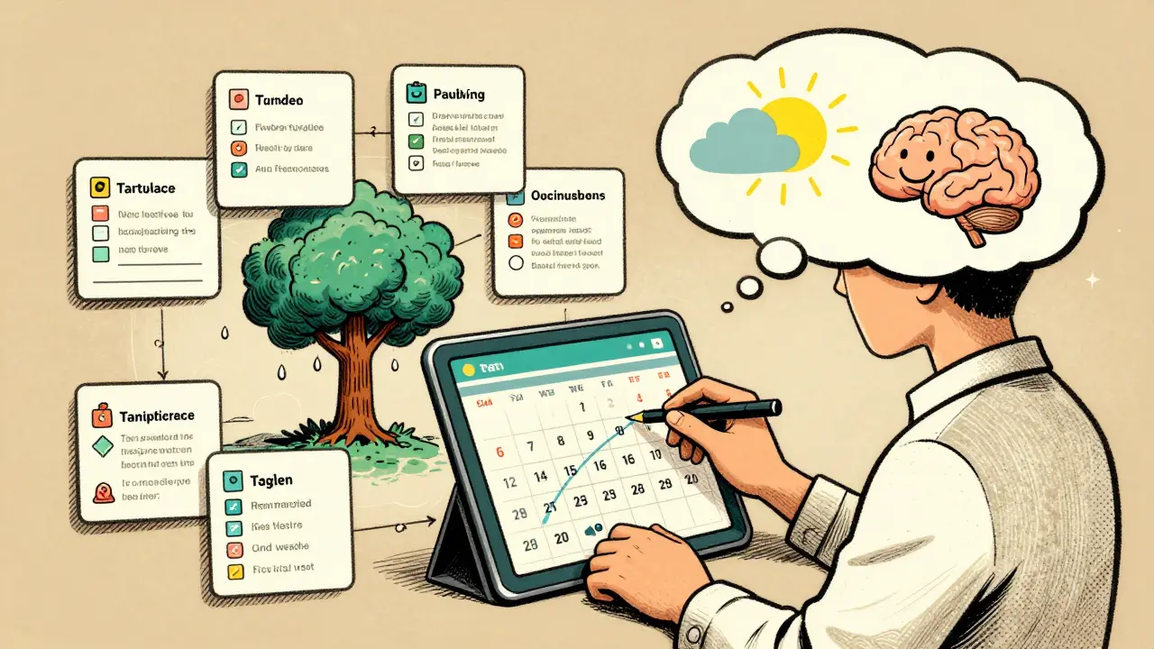 Adult using calendar app with growing tree and positive thought bubbles in neo-vintage style