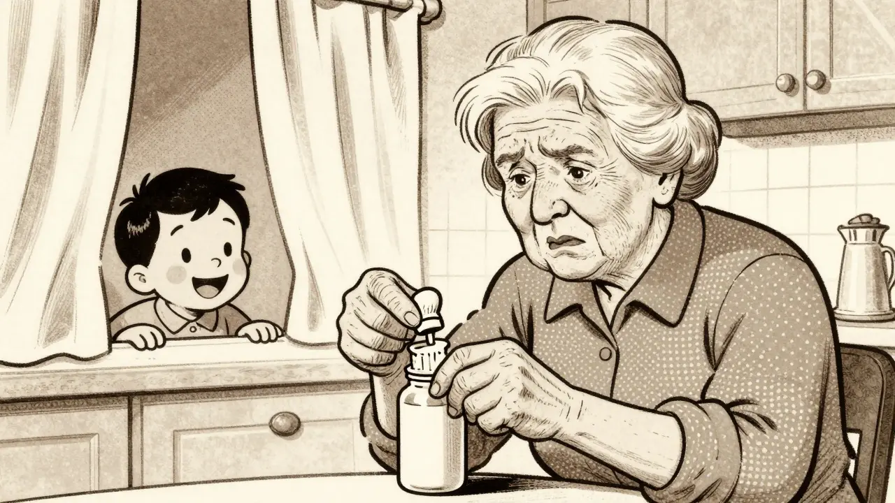 An elderly woman struggling to open a medication cap while a child watches from behind a curtain.