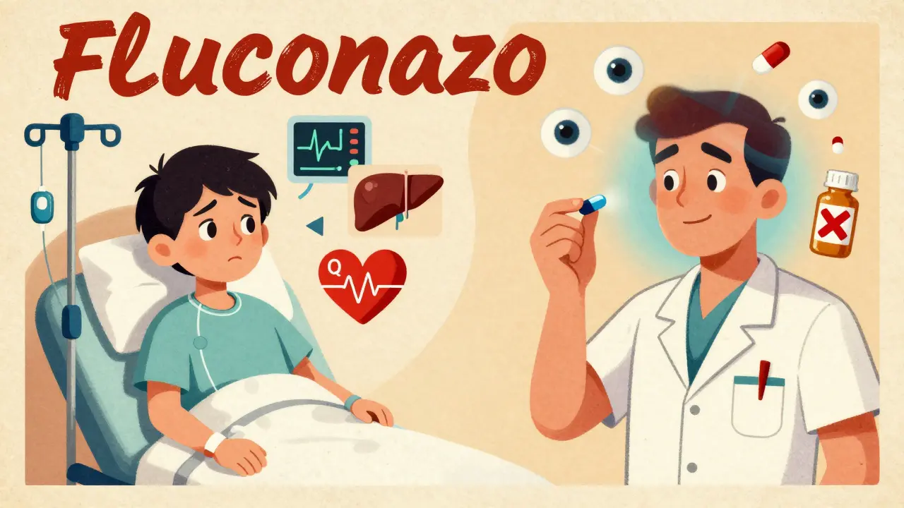 Contrasting patients: one with IV and heart risks, another with vision distortions from antifungal side effects.