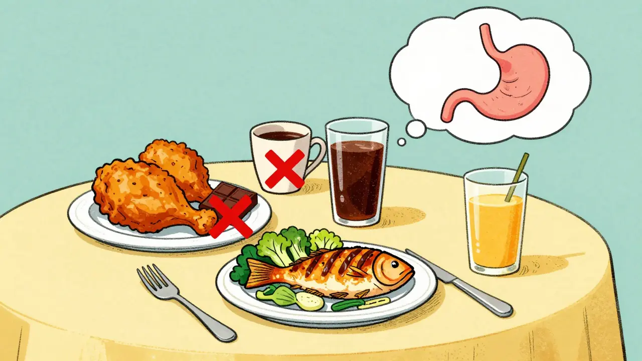 Dinner plate with trigger foods crossed out and GERD-friendly foods highlighted in vintage cartoon style.