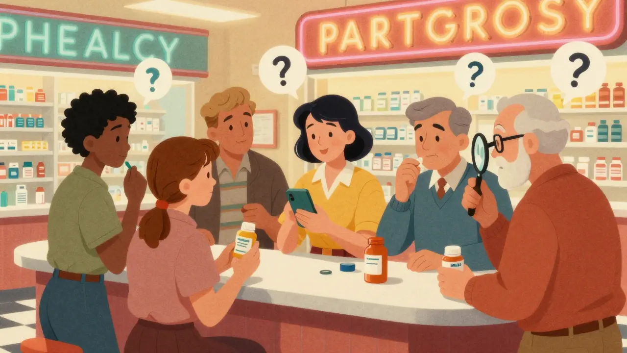 Diverse patients verifying medications at pharmacy with smartphones and magnifiers