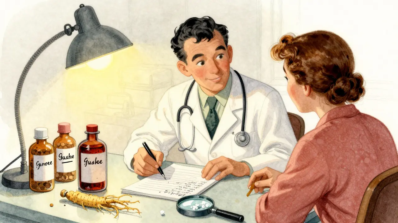 Doctor and patient reviewing glucose log with mislabeled ginseng bottles on clinic table.
