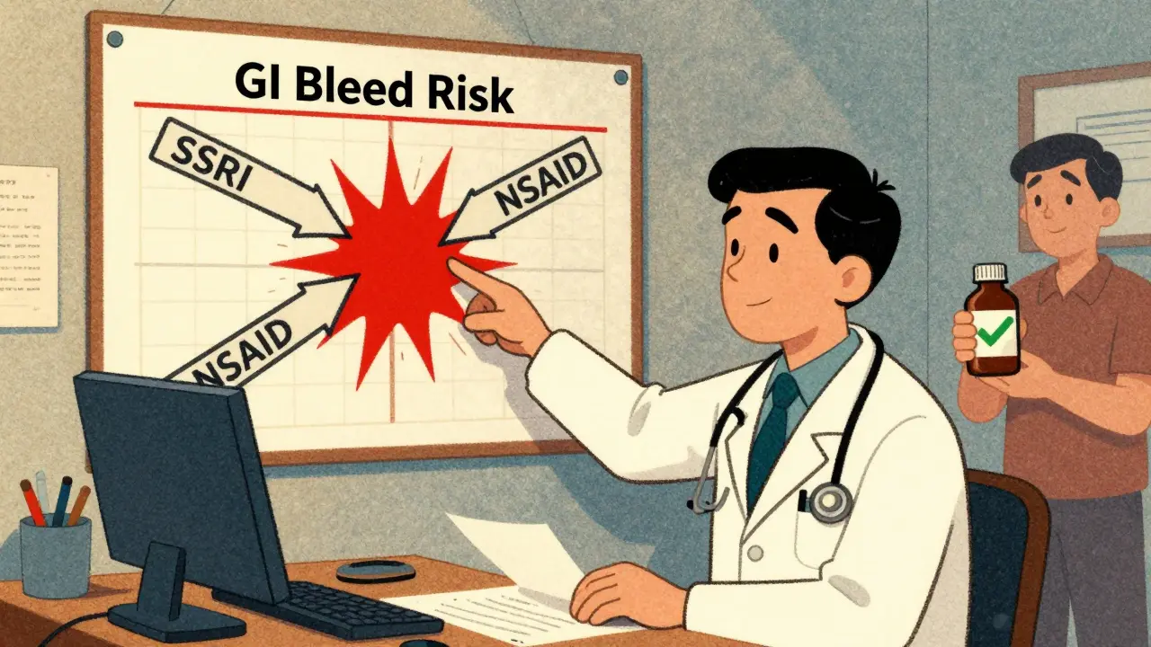 Doctor pointing to risk chart showing SSRI and NSAID interaction in 1970s medical poster style.