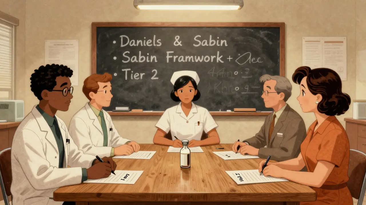 Ethics committee around a table with tiered drug allocation labels and Daniels and Sabin framework on a chalkboard.