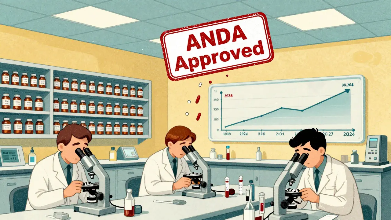 FDA lab with ANDA approval stamp and falling generic pill prices, neo-vintage illustration